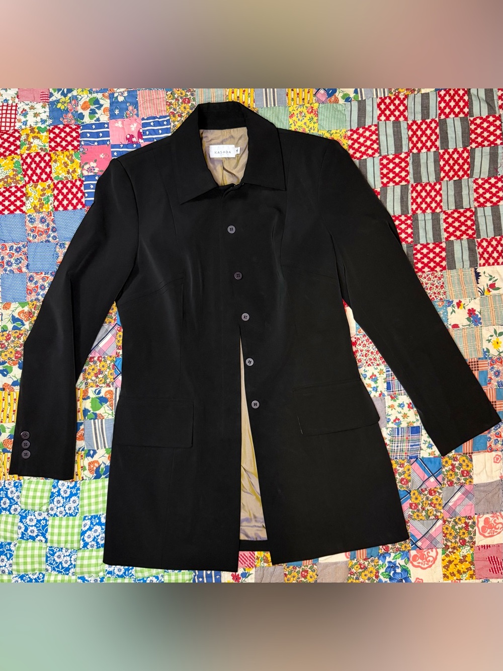 VTG 90s Kasada Black Structured Minimalist Nylon Button Down Blazer Jacket Sz 4